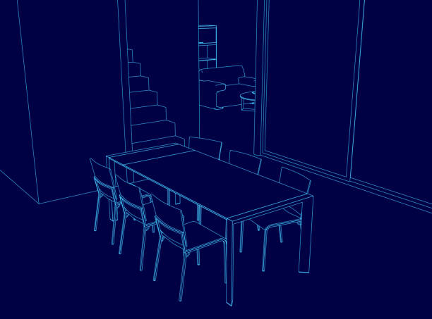 istock Blue drawing of a dining room with a table and chairs. The chairs are arranged around the table, and there are two staircases in the background 2194678633