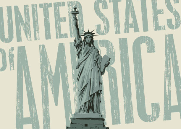 Vector banner with the inscription USA in grunge style, silhouette the famous American Statue of Liberty in New York city, USA. Decorative illustration of US landmark suitable for a logo, t-shirt design
