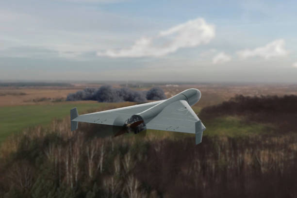 Strategic drone in an aerial mission over open terrain