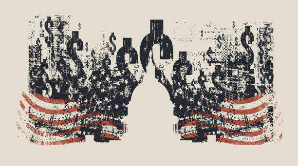 Vector banner with image of the USA Capitol in Washington DC  on the background of dollar signs on a grunge texture and flag USA on the theme of banking, finance and money. Vector illustration Capitol Building in Washington on the background of american flag