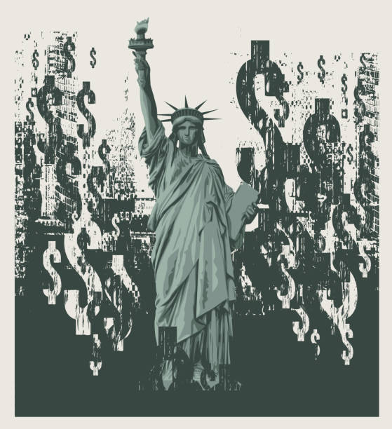 Vector banner with the famous American Statue of Liberty on the background of dollar signs on a grunge texture on the theme of banking, finance and money. Decorative illustration of US landmark in grunge style