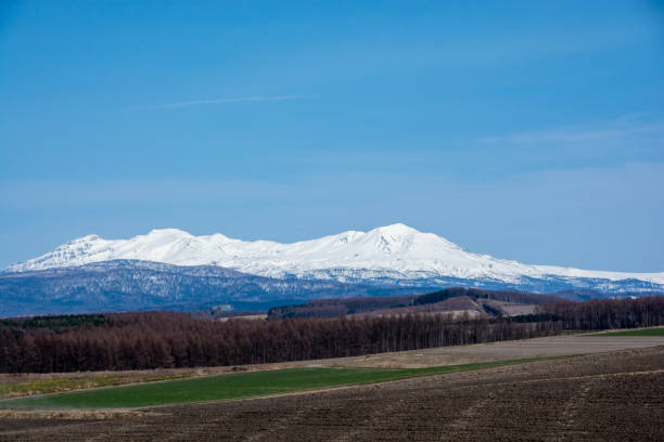 Spring hilly upland and snowy mountains with blue sky