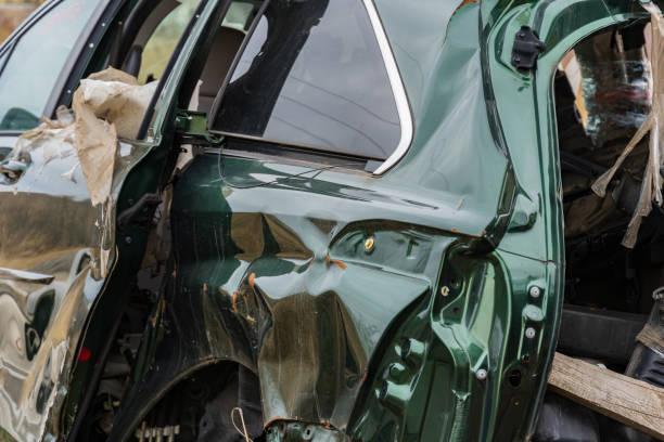 istock A green car involved in a severe crash displays significant structural damage, highlighting the dangers of traffic accidents 2194703008