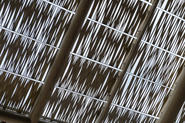 istock Decorative metal ceiling or roof structure featuring an intricate, crisscross pattern of thin metallic strips 2194703161