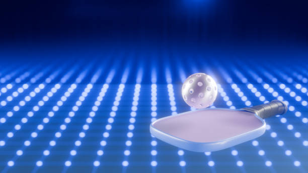 A pickleball paddle and ball on a glowing blue surface. 3d rendering