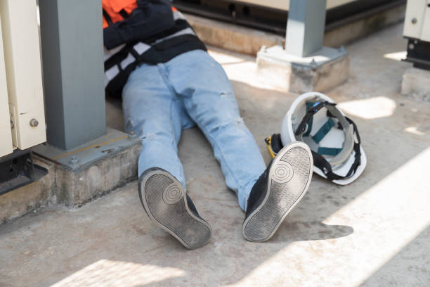 istock Asian male worker have accident at construction site. Construction builder worker feeling sick, have a headache at work site. Health safe of work and safety first concept 2194704335