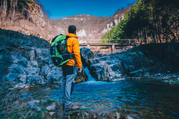 Man hiking alone in the mountain