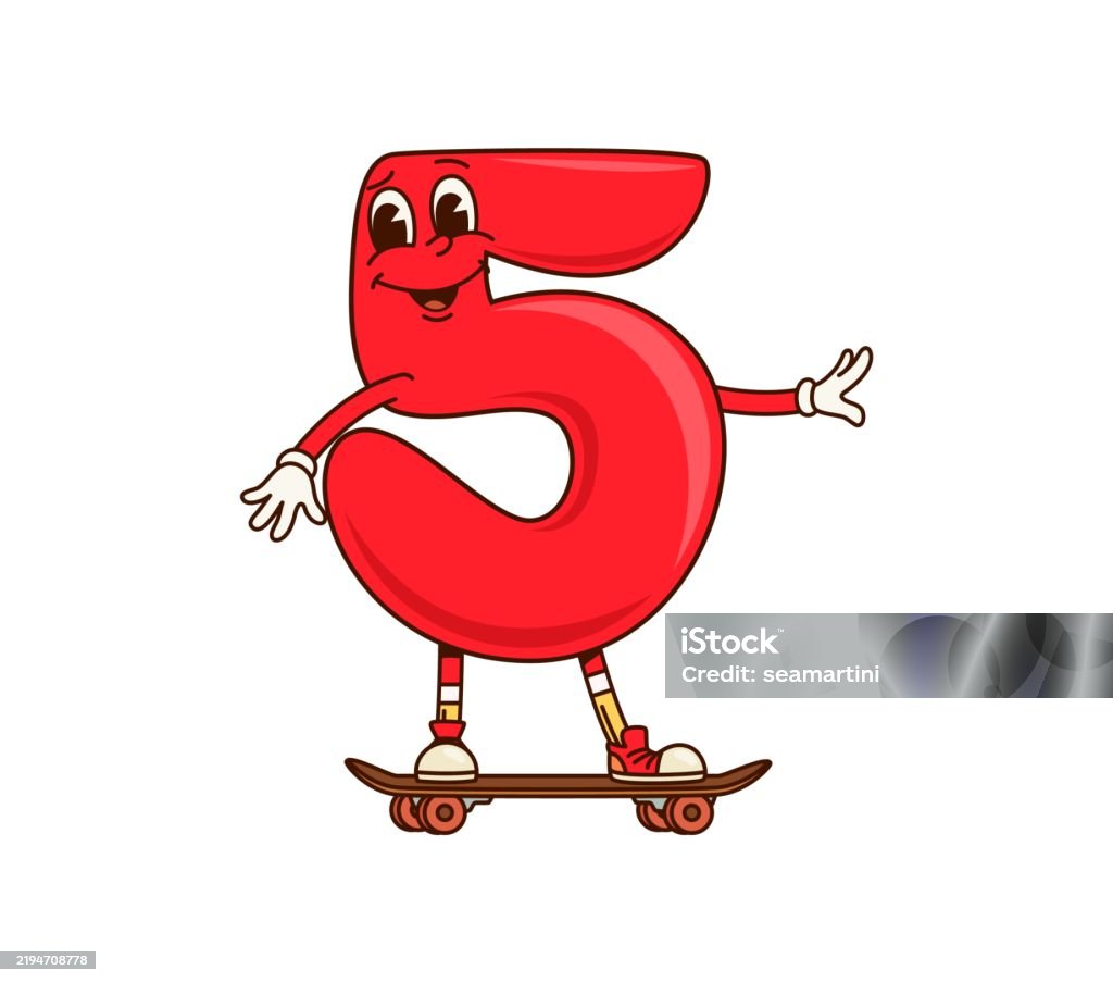 Math Number Five 5 Groovy Character On Skateboard Stock Illustration ...