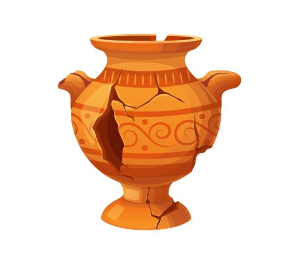 Museum cartoon ancient antique broken vase or pot Museum cartoon ancient antique broken vase or pot. Roman amphora, broken vase. Ancient Greek artifact, cracked ceramic isolated vector pot or Mediterranean culture archeology museum damaged vessel crete cartoon stock illustrations
