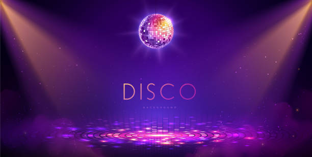 istock Disco party showcase background with neon dance floor, disco ball and spot light beams. Disco ball background. Vector illustration 2194713185