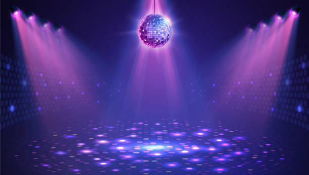 Disco party showcase background with neon dance floor, disco ball and spot light beams. Disco ball background. Vector illustration