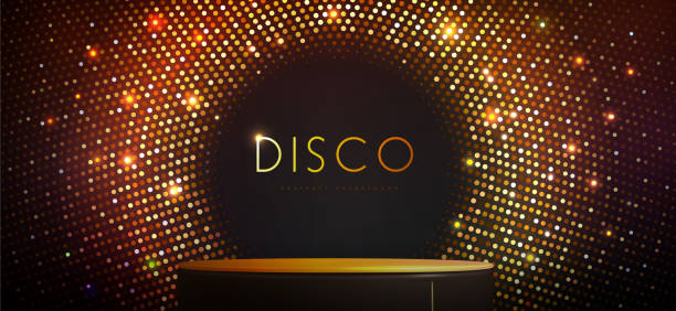 istock Disco party showcase background with 3d podium  and disco ball sequin glitter texture. Disco ball golden background. Vector illustration 2194714485