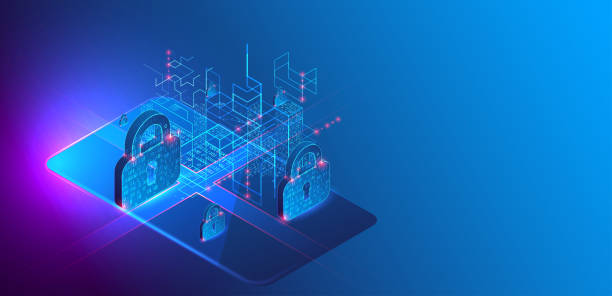 istock Data protection. Isometric image of a smartphone with a picture of a lock and various technological elements. 2194715422