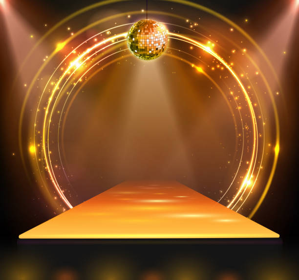 istock Disco party showcase background with 3d podium, disco ball and spot light beams. Disco ball golden background. Vector illustration 2194715619