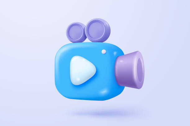istock 3d video camera icon isolated  with lens and button on pastel background. Realistic film movie icon, play button for streaming multimedia concept. 3d cinema record icon vector render illustration 2194716016