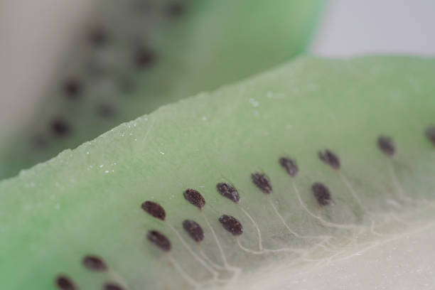 A detailed macro shot of a sliced kiwi fruit, highlighting its vibrant green flesh, black seeds, and juicy texture. Perfect for food-related designs.