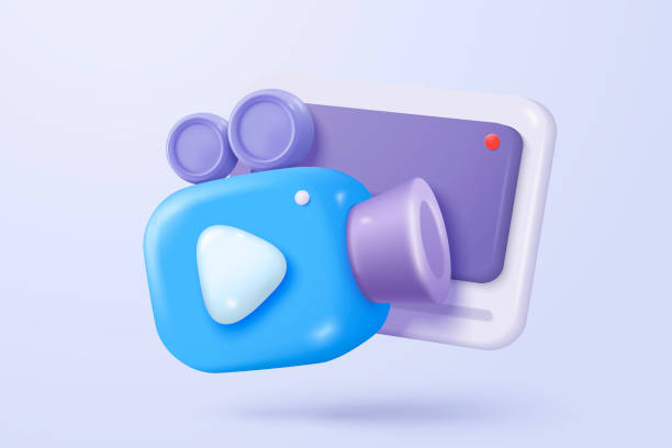istock 3d video camera icon isolated  with lens and button on pastel background. Realistic film movie icon, play button for streaming multimedia concept. 3d cinema record icon vector render illustration 2194718644