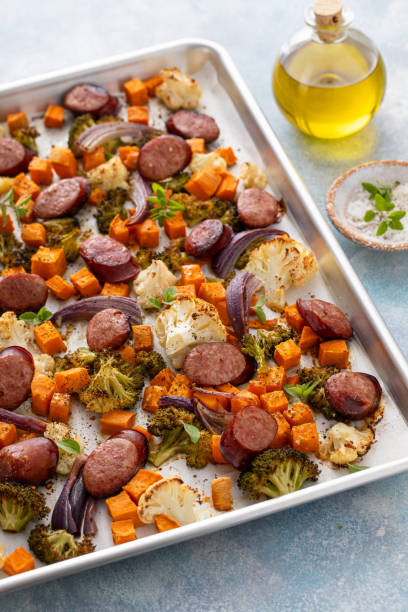 istock Sheet pan dinner with sausage and vegetables roasted and ready to eat 2194719619