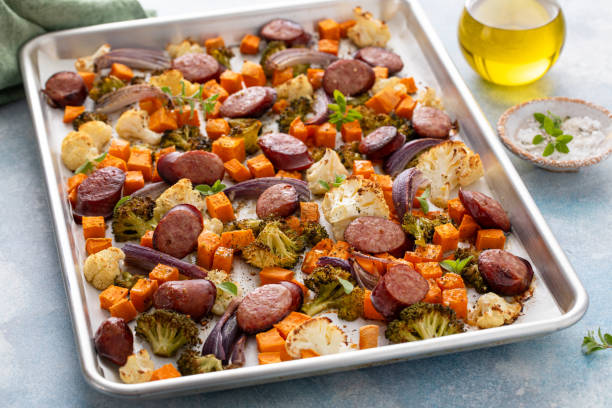 istock Sheet pan dinner with sausage and vegetables roasted and ready to eat 2194719628
