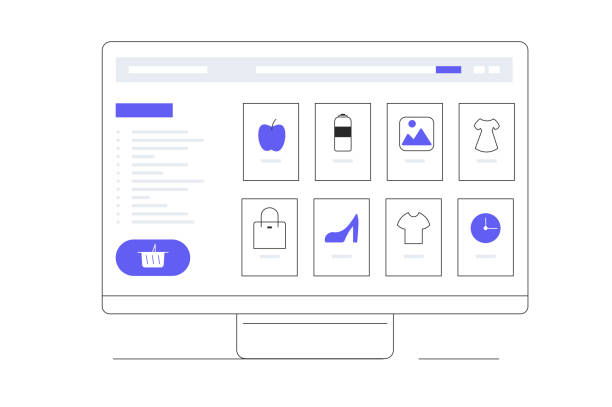 Shopping online. Customer selects the goods to order on website.  Doing online shopping from home. Process of choosing goods. Computer screen. Flat Cartoon Vector Illustration, icon. Stylish abstract
