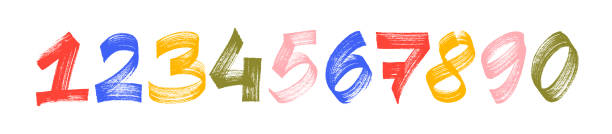 Collection grunge brush drawn numbers from 0 to 9. Dirty painted colorful numbers set. Hand drawn typography vector elements. Distressed characters with bold dry brush strokes.