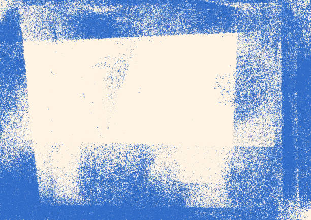 Grainy blue frame with spray texture with dots, speckles and particles. Hand drawn distress damaged edge vintage template. Grainy texture borders with dots. Retro vintage vector frame background.