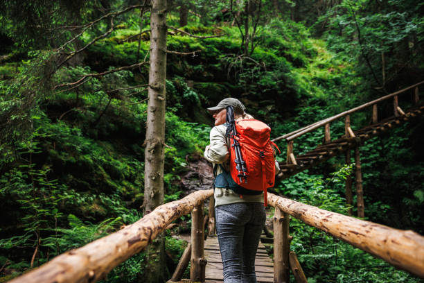 istock Woman hiker with backpack is walking on footbridge 2194725986