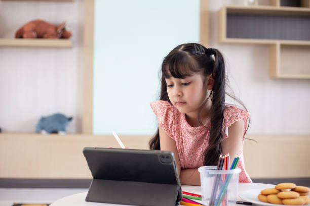 istock Little girl doing homework with modern tablet at home 2194726154