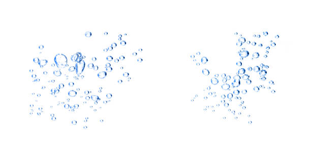 Water has a black background with bubbles and oil. Abstract underwater background isolated on white and blue water drops as liquid close-up natural shot. Beautiful oxygen bubbles.