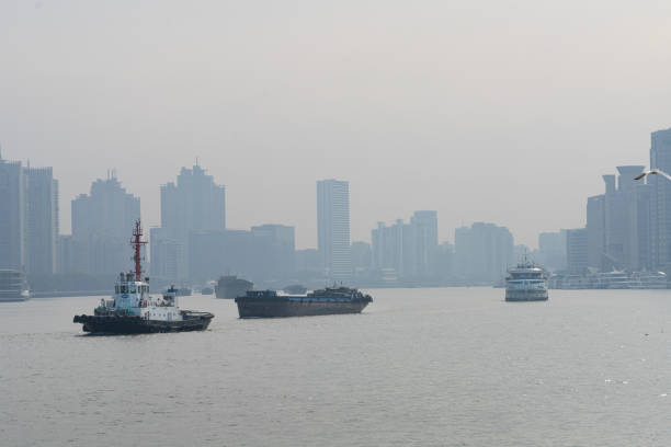 Shanghai, China. January 7, 2025. cargo ships transiting the Huangpu River in the city center