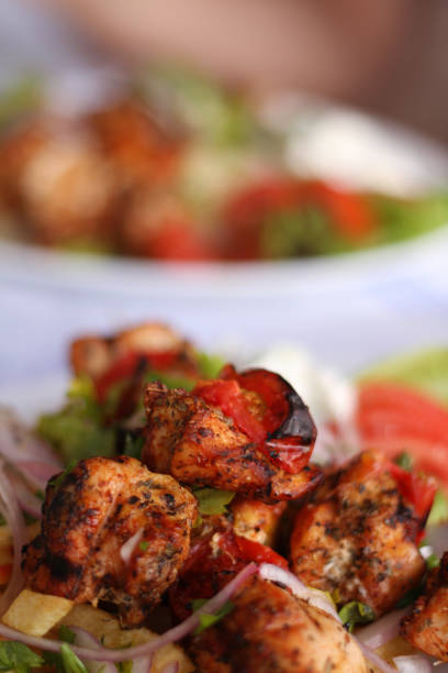 This image presents a plated serving of Turkish-style shish kebab, featuring marinated grilled chicken pieces threaded on a skewer and placed alongside fluffy white rice, tangy pickled cabbage and a fresh salad of cucumbers, tomatoes and onions. The warm tones of the charred meat contrast with the vibrant colors of the vegetables, reflecting the balanced composition typical of Turkish kebab plates. This arrangement highlights regional dining traditions where grilled meats are served with complementary textures and flavors, making the visual suitable for editorial food storytelling, branding or menu imagery focused on authentic Turkish cuisine.