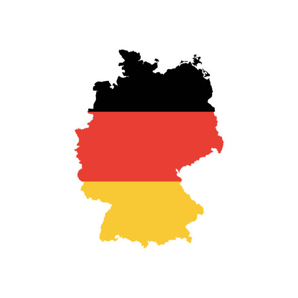 istock Map of Germany overlaid with the national flag's black, red, and gold stripes, symbolizing German unity and identity. 2194739906