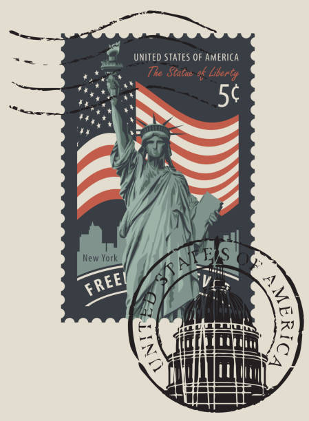 Vector Postage stamp with the Statue of Liberty against the background of the American flag and New York skyscrapers and the inscription 