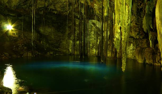 Young Caucasian woman standing in the centre of Cenote in Yucatan, Mexico