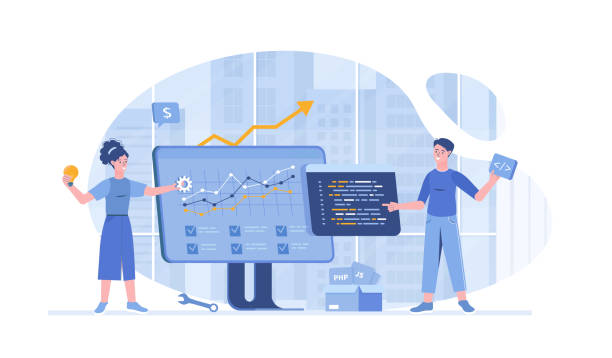 Project development. Team of programmers work with code. Man and woman generate new ideas, teamwork on project. Vector illustration with characters in flat design for web banner. Project development. Team of programmers work with code. Man and woman generate new ideas, teamwork on project. Vector illustration with characters in flat design for web banner. software development planning stock illustrations