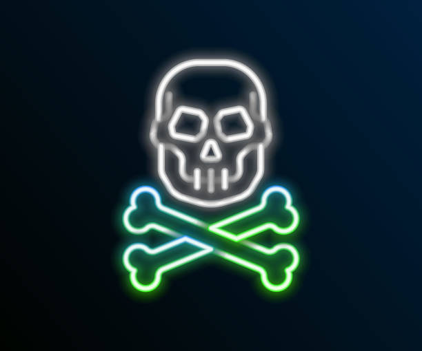 istock Glowing neon line Skull on crossbones icon isolated on black background. Happy Halloween party. Colorful outline concept. Vector 2194747809