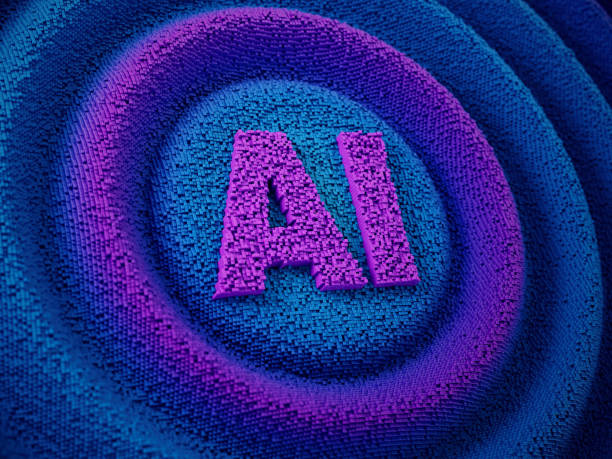 AI icon on futuristic wavy pixelated background. Digital data landscape. Pixelated background.