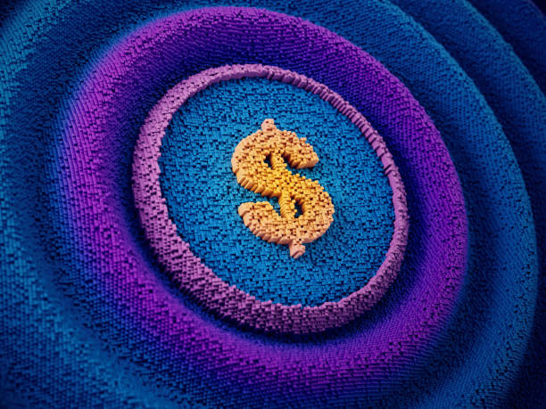 istock Yellow Dollar Sign on digital futuristic wavy pixelated background. Digital data landscape. Pixelated background. 3d illustration. 2194752274