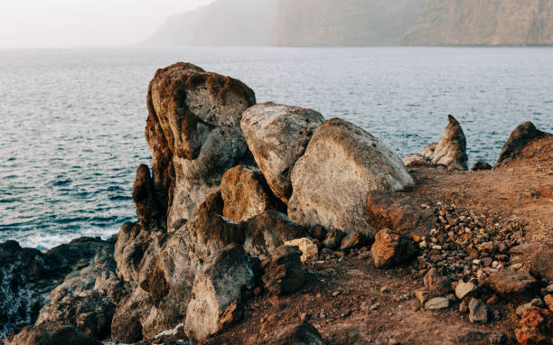 Rocky coastline with rugged stones overlooking a calm sea under soft natural light