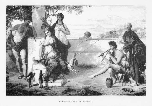 A puppet master and flautist entertain in Pompeii, Rome. Illustration published 1882.  Original edition is from my own archives. Copyright has expired and is in Public Domain.
