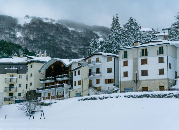 Snow-covered house. Covered with snow, hanging ice icicles