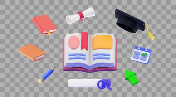 istock 3D Educational Set Open book with Search bar with Magnifying glass, Graduation Hat, calculator and calendar Search book or literature concept 2194763581