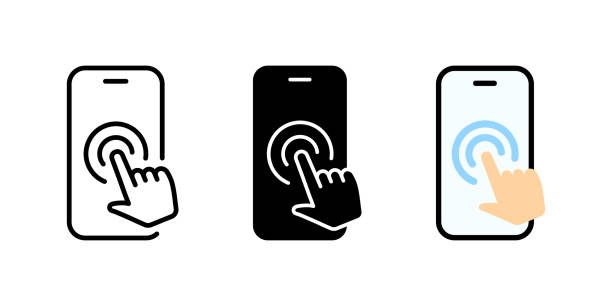 bildbanksillustrationer, clip art samt tecknat material och ikoner med mobile phone touch screen icon. hand pointer gesture. display finger click, press or tap vector illustration. touch screen web interface swipe button concept. hand cursor mobile phone display sign. - finger