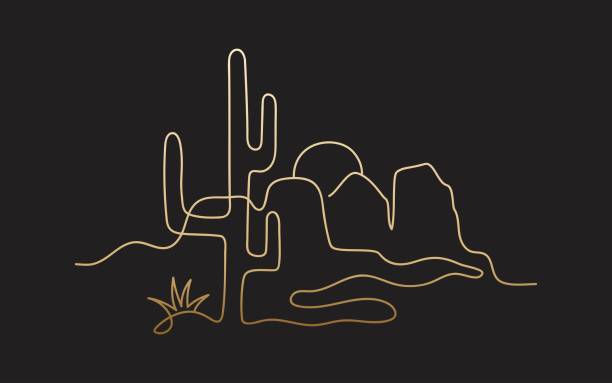 Gold silhouette desert landscape with saguaro cactus on the black background. Western sketch. Logo design. Vector illustration in minimalist style.