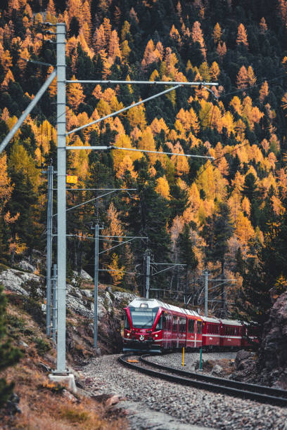 Swiss train through colorful autumn landscape - Bernina express - Glacier express
