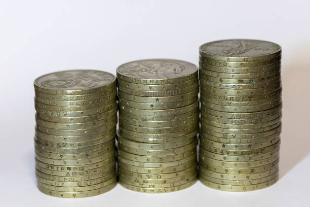 One pound coins close-up