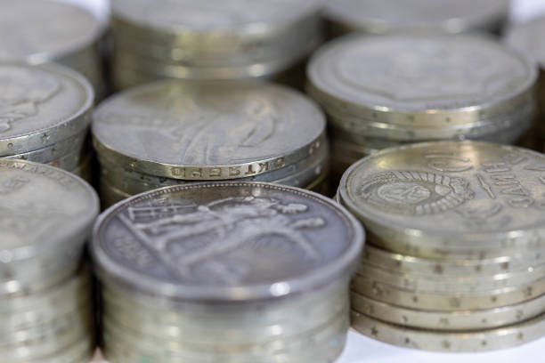 Close-up of USSR ruble commemorative coins stacked in stacks