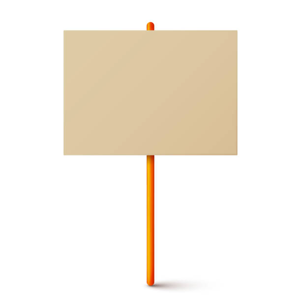 istock Blank colorful protest sign with wooden holder. Demonstration banner. Strike action cardboard placard mockup. Social advertisement. Vector illustration 2194776537