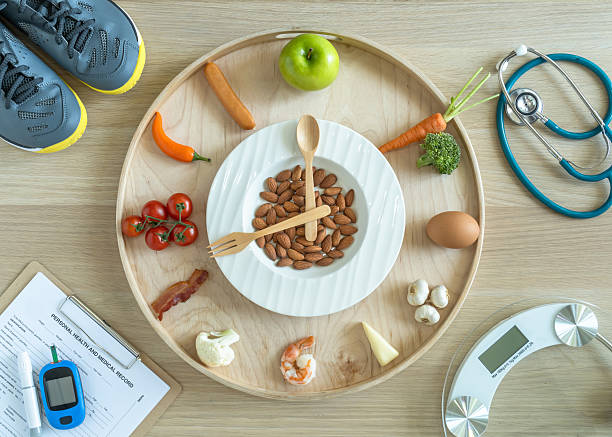 Intermittent fasting IF diet concept with hour clock timer for skipping meal, eating keto low carb food meal healthy nutritional with gym exercise for weight loss, cholesterol and diabetic control