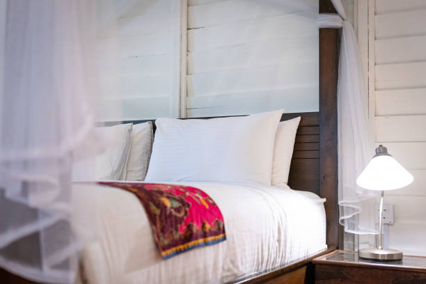 istock Bedroom with mosquito net tied to bedpost. 2194788646